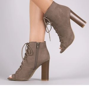 Bamboo suede peep toe lace up chunky heeled bootie